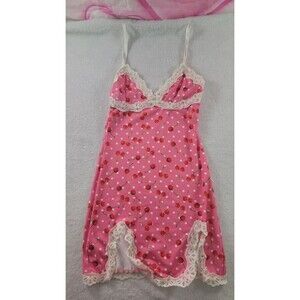 Pink Cherry Polka Dot Lace Trim Mini Slip Dress Bodycon Tank Size Small Y2K